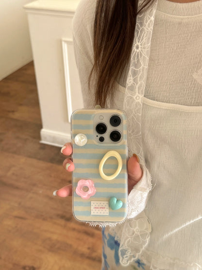 Adorable Blue Stripes 3D Pearl Heart & Flower Accessories Protective Phone Case
