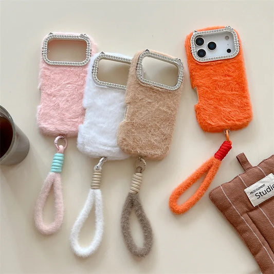 Luxury Solid Colors Diamond Fluffy Fur Plush Phone Case For iPhone