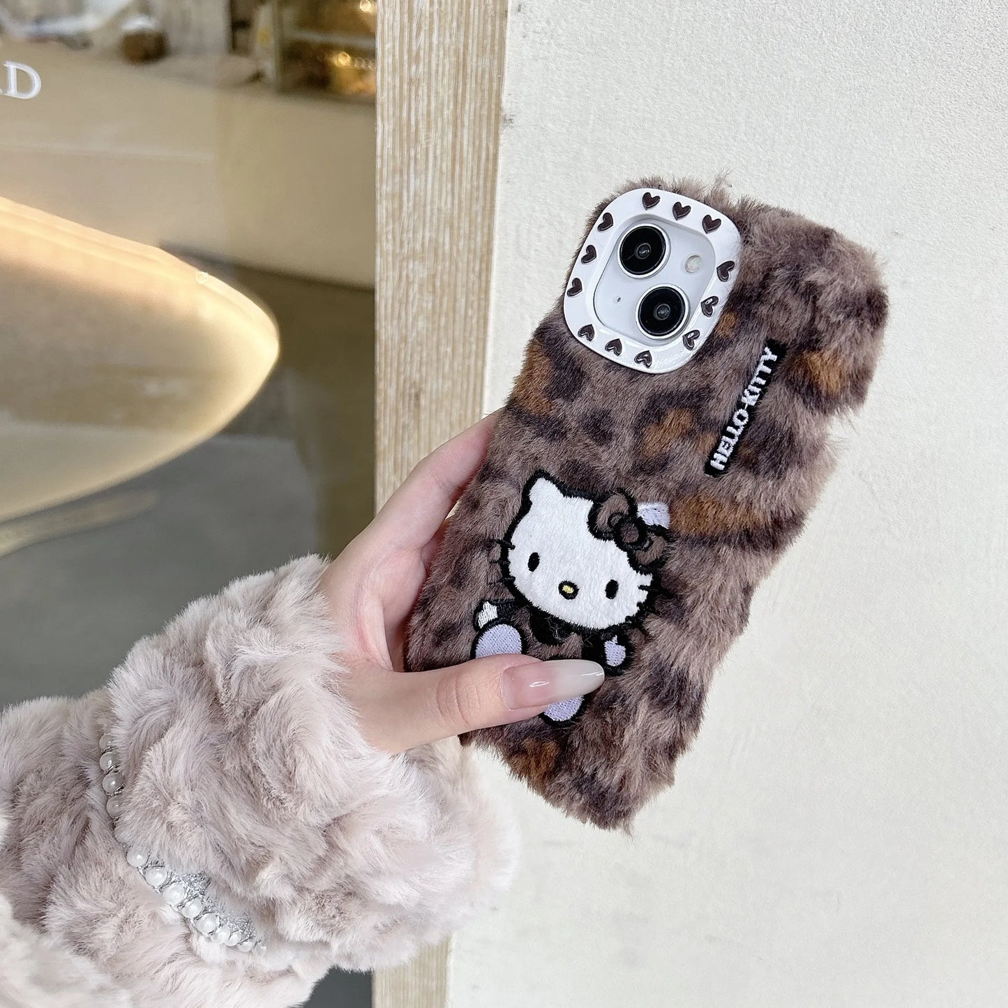 Hello Kitty Ins Plush Leopard Print Phone Case For iPhone