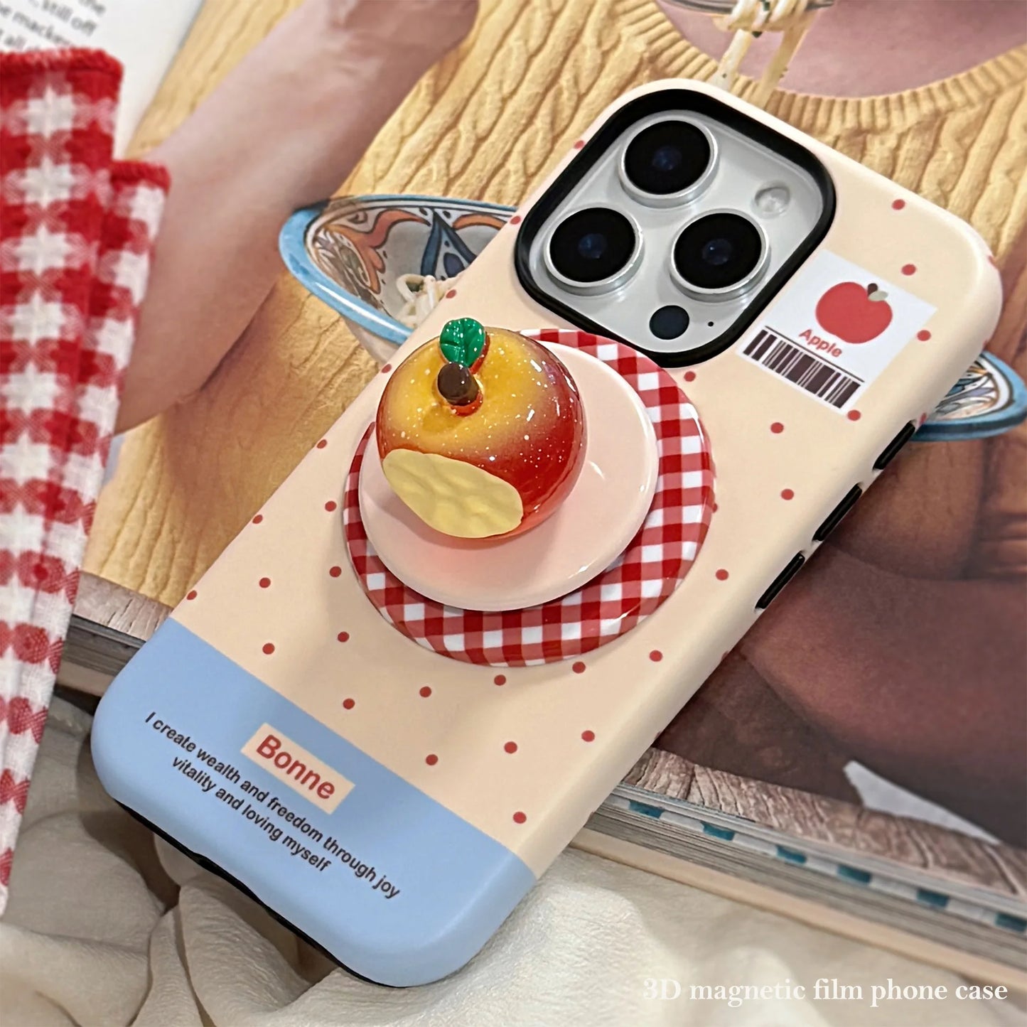 Cute Polka Dots 3D Luminous Crystal Apple Lattice Bracket Magnetic Phone Case For iPhone