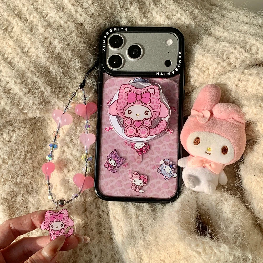 Leopard Print Cute Sanrio Melody Magnetic Holder Wireless Charge Phone Case For iPhone