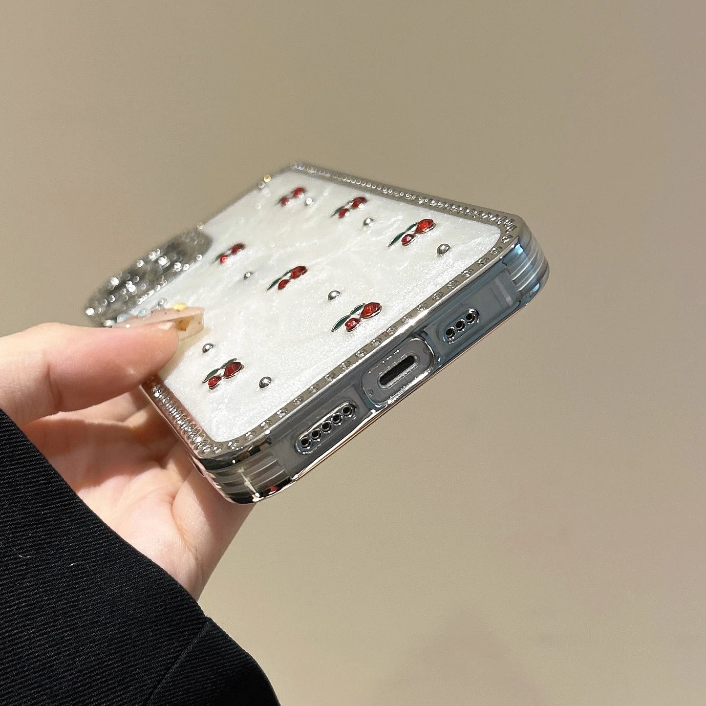 Glamorous & Sweet Zircon Frame Sparkling White Cherry Pattern Chic Phone Case