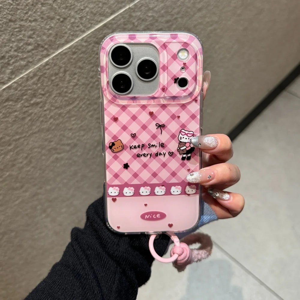 Korean Cute Imd Pink Lingge Kitty Hand Rope Phone Case For iPhone