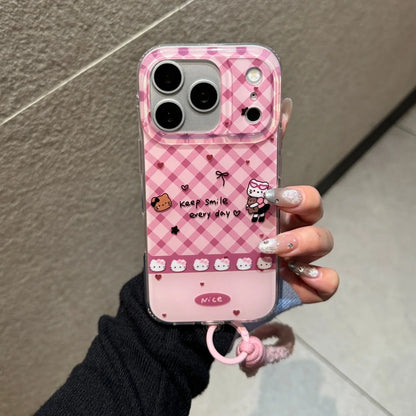 Korean Cute Imd Pink Lingge Kitty Hand Rope Phone Case For iPhone