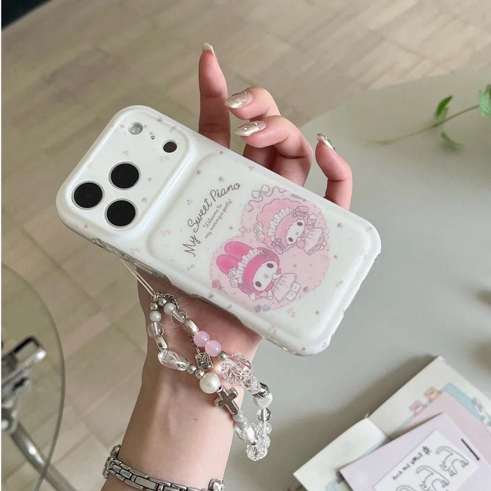 Cute My Melody Phone Case With Bead Wrist Strap Soft Shockproof Cover For iPhone
