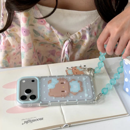 Ins Cute Pixel Hello Kitty Polka Dot Phone Case With Blue Bead Wrist Strap Pendant Shockproof Cover For iPhone
