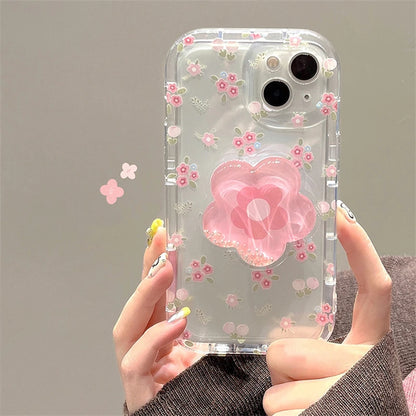 Cute Quicksand Pink Flower Holder Phone Case For iPhone