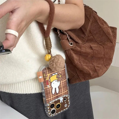 Brown Plaid Miffy Phone Case With Card Holder Bunny Bear Pattern Cute Cover For iPhone