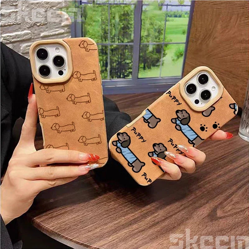 Line Drawing Sausage Dog Leather Phone Case For iPhone