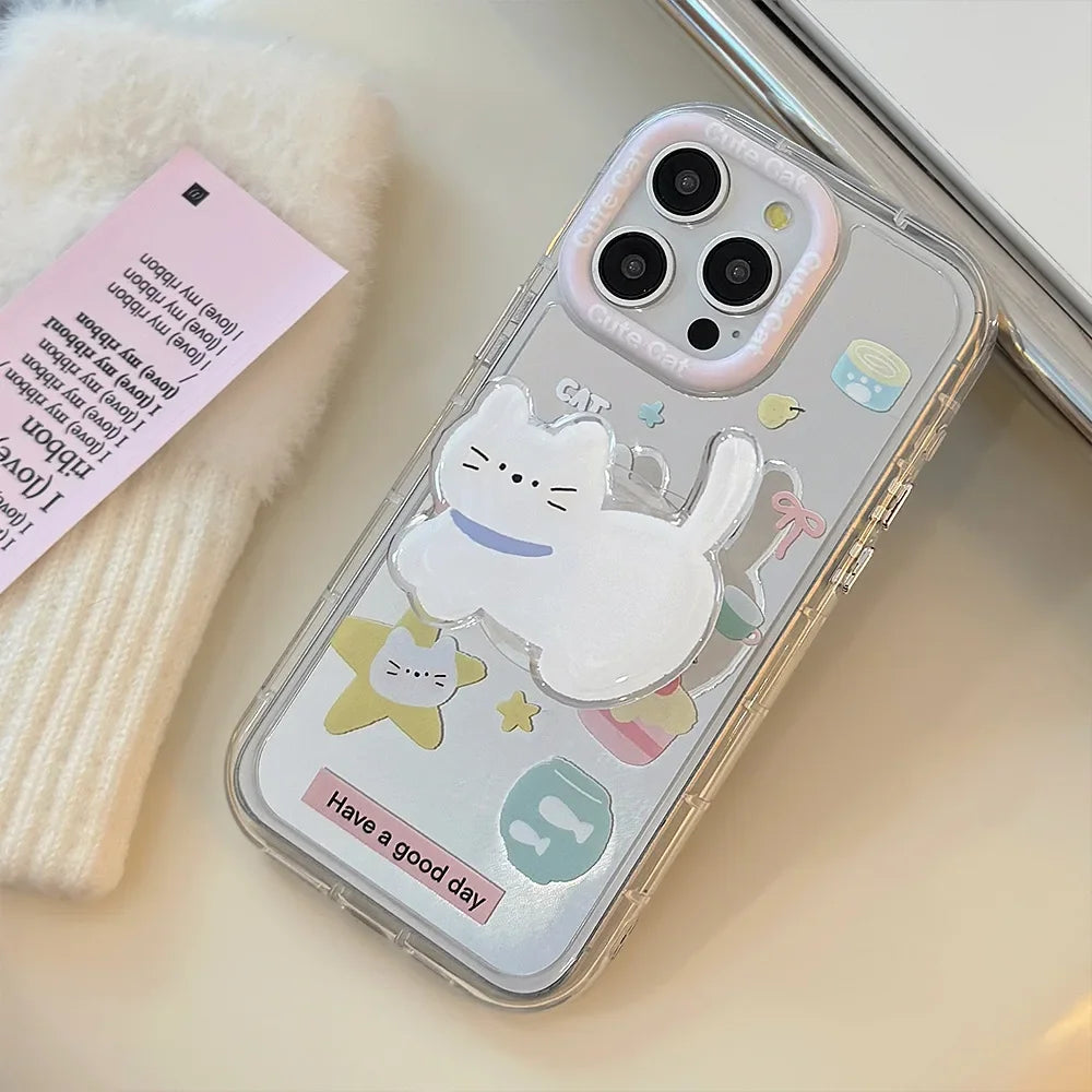 Korean Cartoon White Cat Bracket With Lanyard Makeup Mirror Phone Case For iPhone