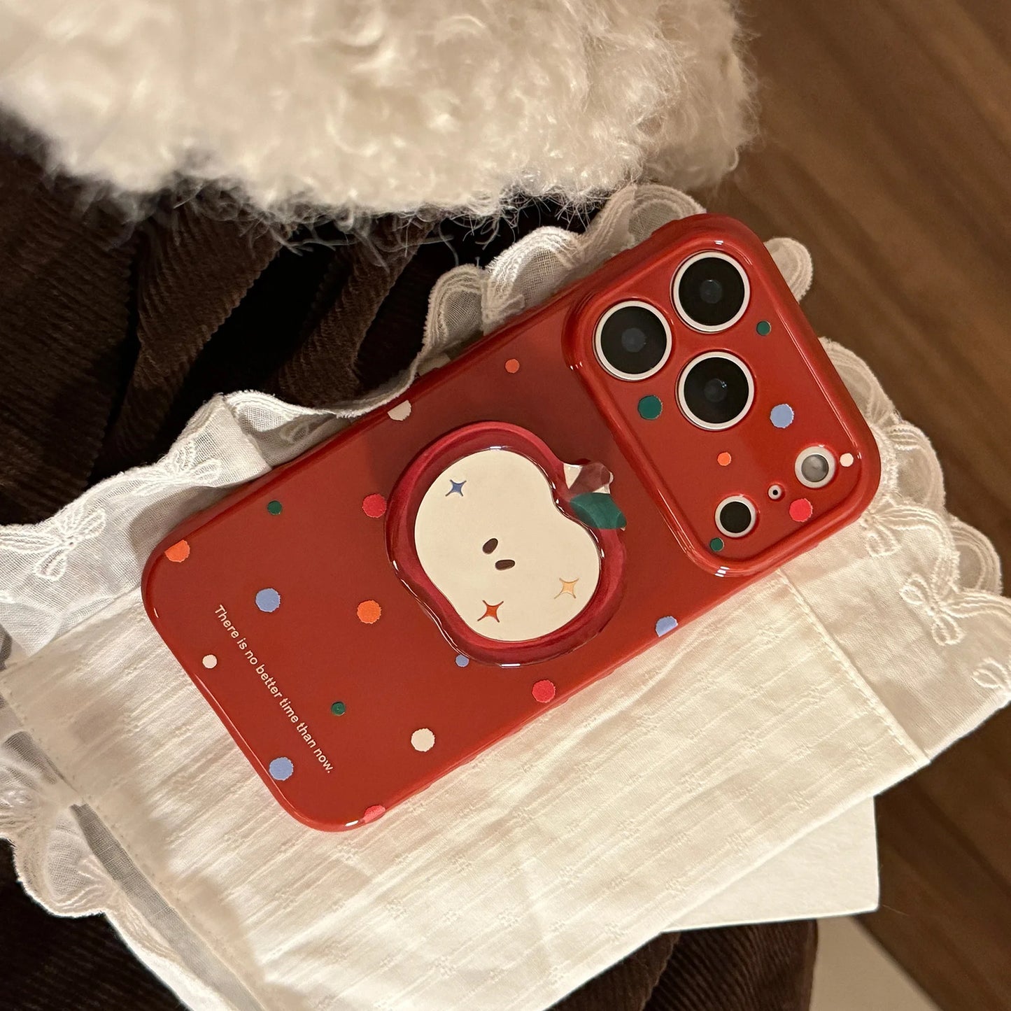 Korean Colorful Polka Dot Cartoon Red Apple Mirror Bracket Phone Case For iPhone