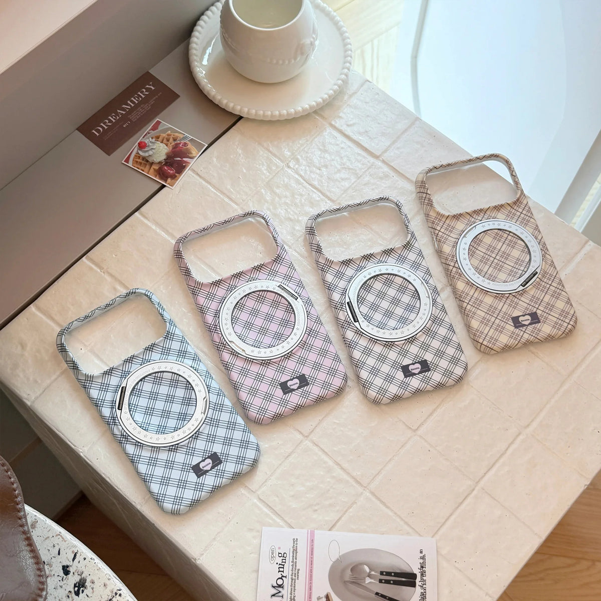Korean Grid Pattern Fold 360° Rotating Ring Magnetic Bracket Phone Case For iPhone