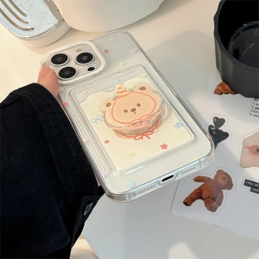 Lovely Cartoon Bear Card Package Phone Case With Stand Holder For iPhone