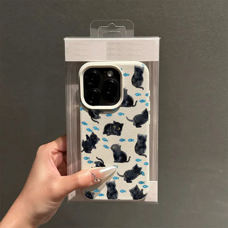 Cute Black Cat Blue Fish Pattern Silicone Phone Case For iPhone