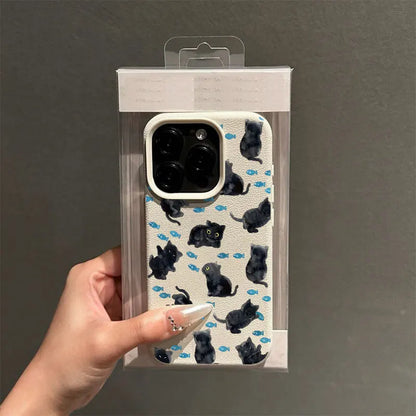 Cute Black Cat Blue Fish Pattern Silicone Phone Case For iPhone
