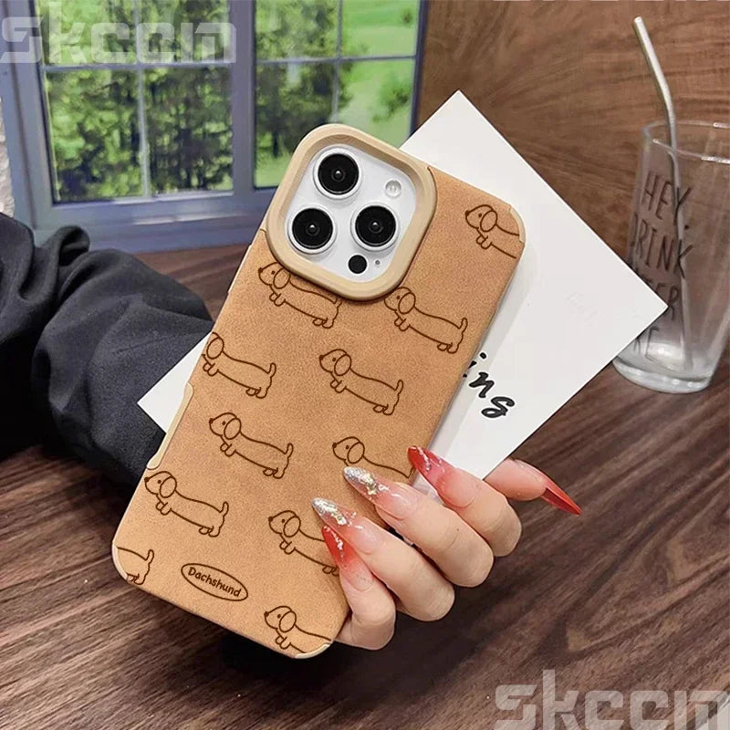 Line Drawing Sausage Dog Leather Phone Case For iPhone
