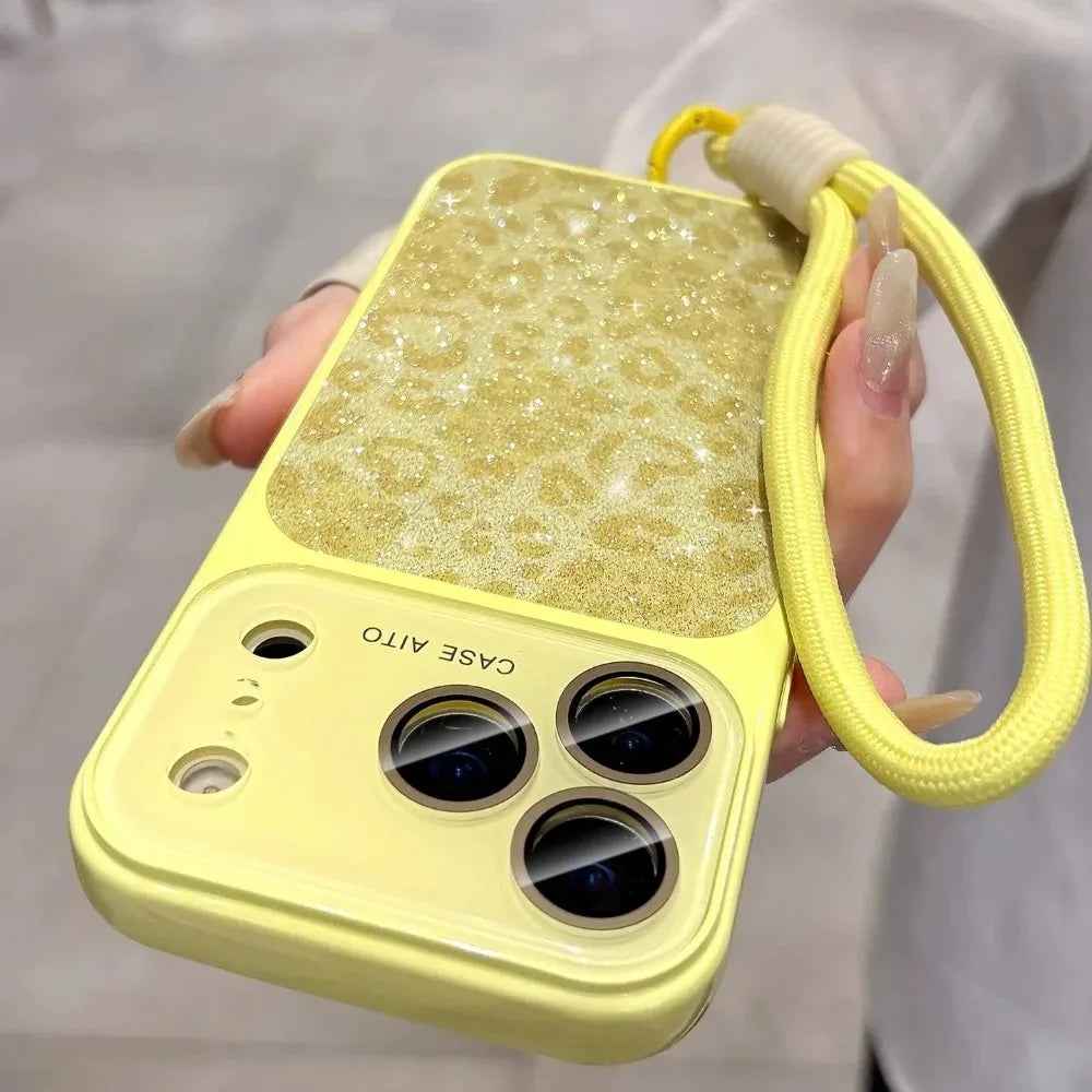 Glitter Leopard Print Wrist Strap Case  For iPhone