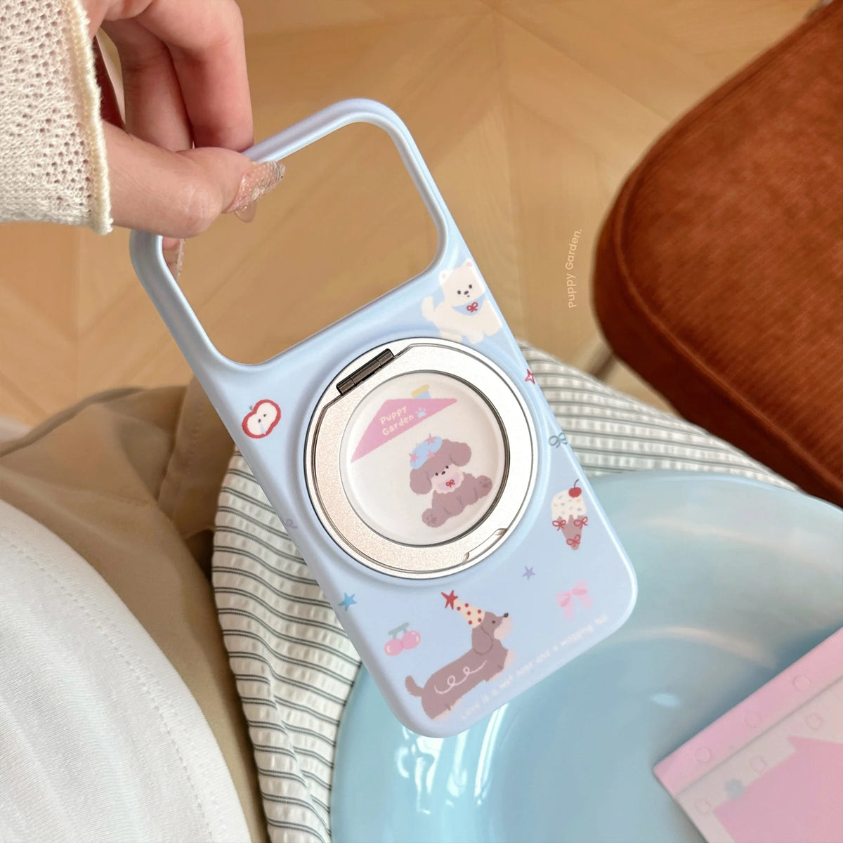 Korean Fold 360° Rotating Cartoon Puppy House Magnetic Holder Phone Case For iPhone