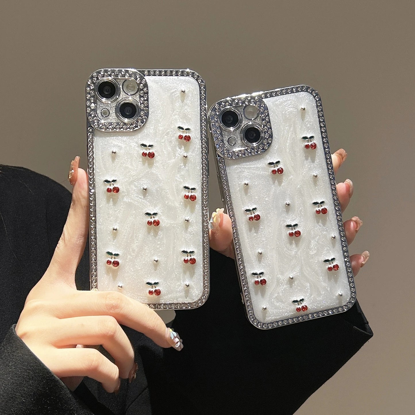 Glamorous & Sweet Zircon Frame Sparkling White Cherry Pattern Chic Phone Case
