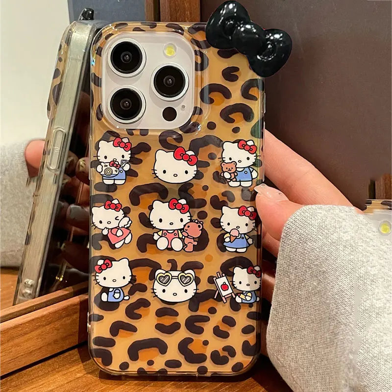 Hello Kitty Bow Lepard Print Face Phone Case For iPhone