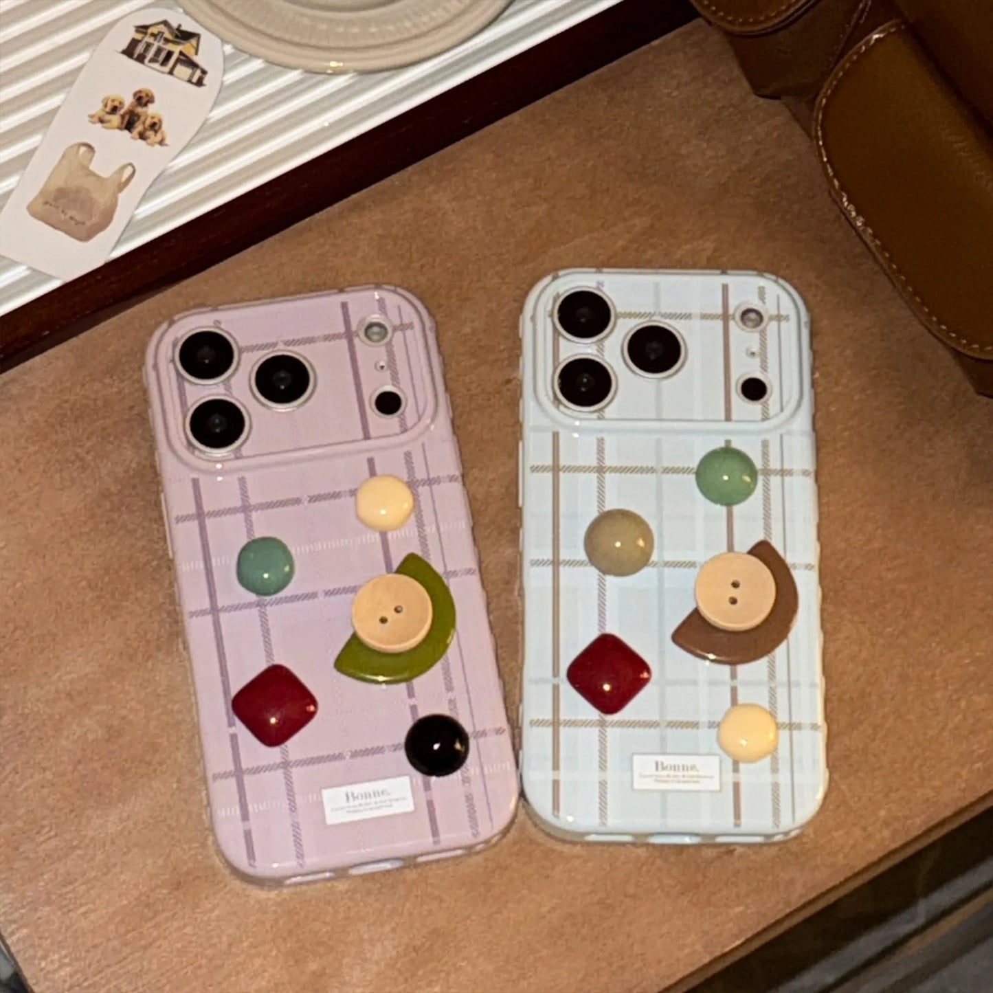 Korean Grid Pattern 3D Geometry Gemstone Button Decoration Phone Case For iPhone