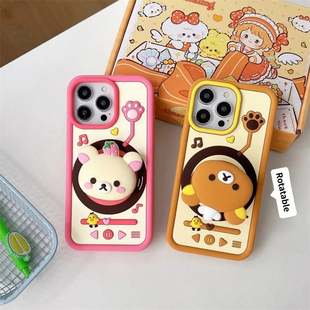 Rotating Record Player Rilakkuma Retractable Stand Phone Case, Compatible With iPhone