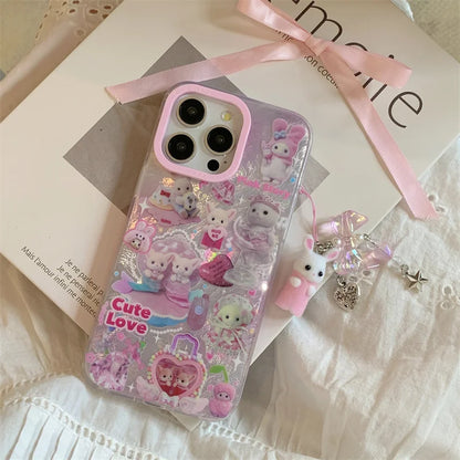 Luxury Laser Rainbow Cute Pink Heart Love Cat Cartoon Phone Case