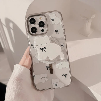 Korean Cute Cartoon Cat Transparent Magnetic Holder Phone Case  For iPhone