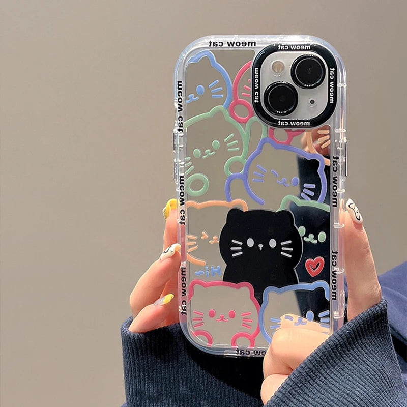 Cute Hello Cat Plating Mirror Painte Lines Phone Case