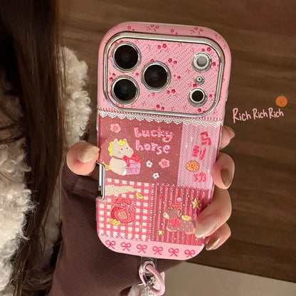 Korean Cartoon Horse Splicing Leather Texture Phone Case For iPhone