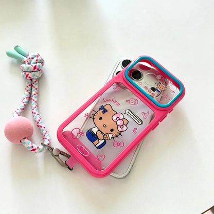 Cute Large Window Hello Kitty Phone Case With Colorful Bead Woven Wrist Lanyard Shockproof Cover For iPhone