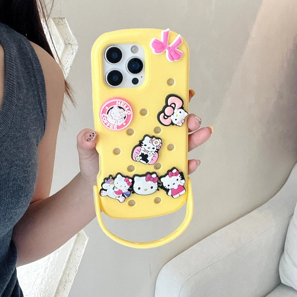 Cute DIY Hole Phone Case With Wrist Strap Detachable Cartoon Soft Silicone Phone