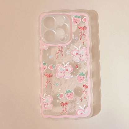Korean Strawberry Butterfly Graffiti Wavy Phone Case For iPhone