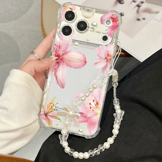 Pink Lily Flower Pattern Transparent Phone Case For iPhone