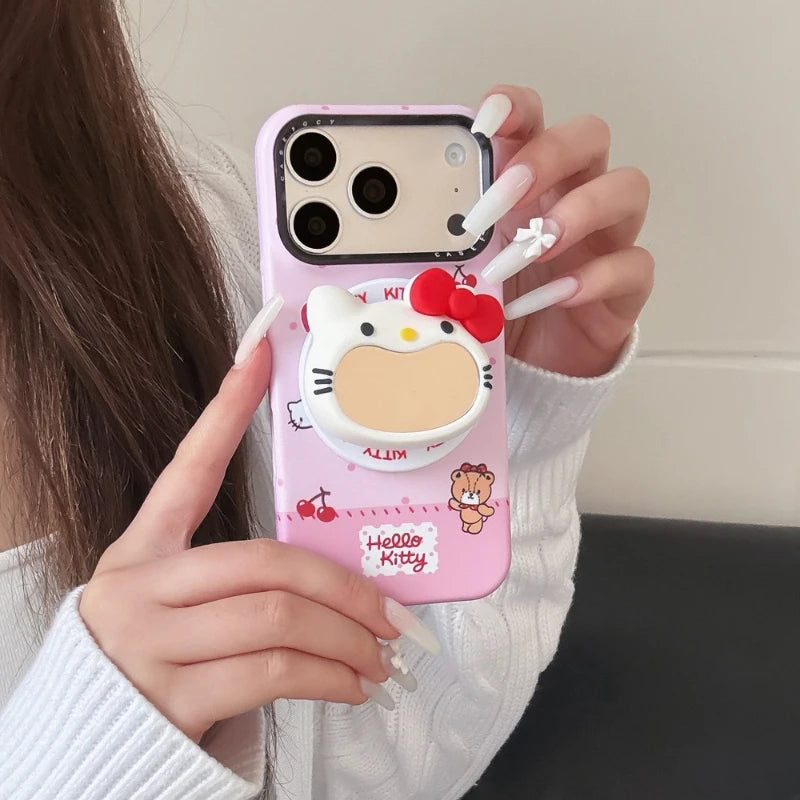 Cute Sanrio Hello Kitty Magnetic Makeup Mirror Holder Magsafe Wireless Charge Phone Case For iPhone
