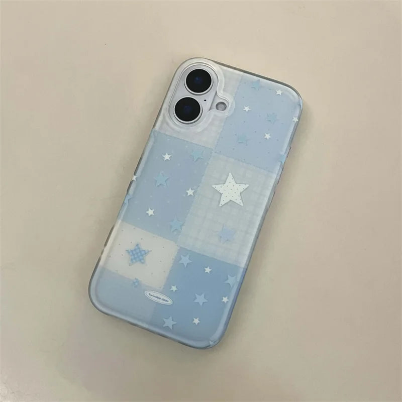 Cartoon Cute Blue Plaid Star Phone Case For iPhone