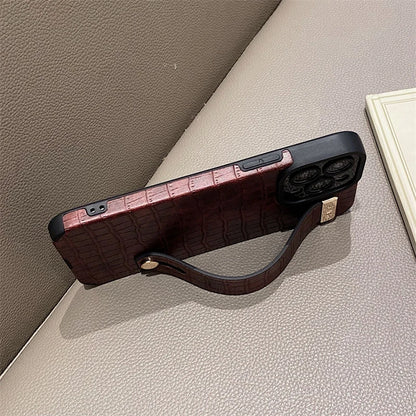 Imitation Crocodile Skin Leather Hand Wrist Strap Holder Phone Case