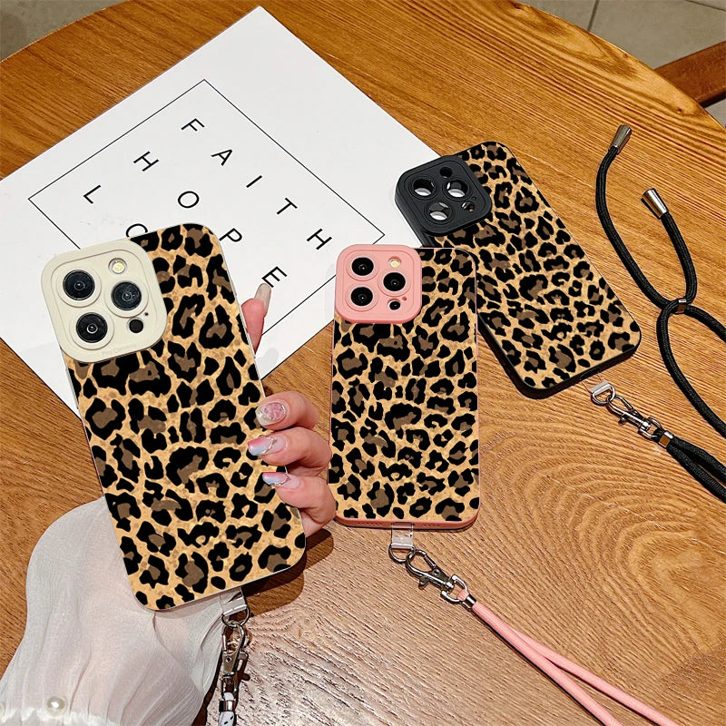 Brown Leopard Lanyard Strap Phone Case For iPhone