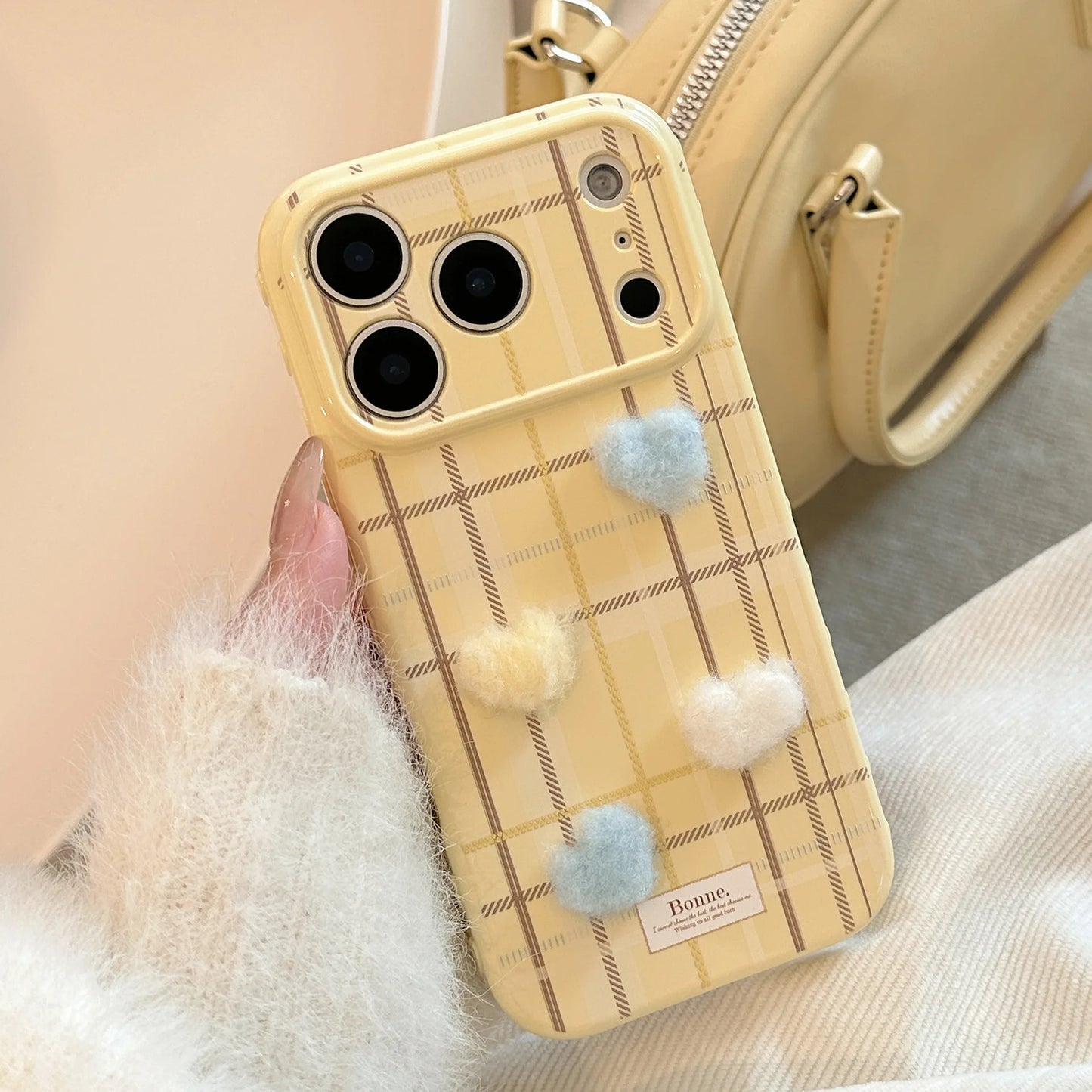 Korean Grid Pattern 3D Furry Plush Love Heart Phone Case For iPhone