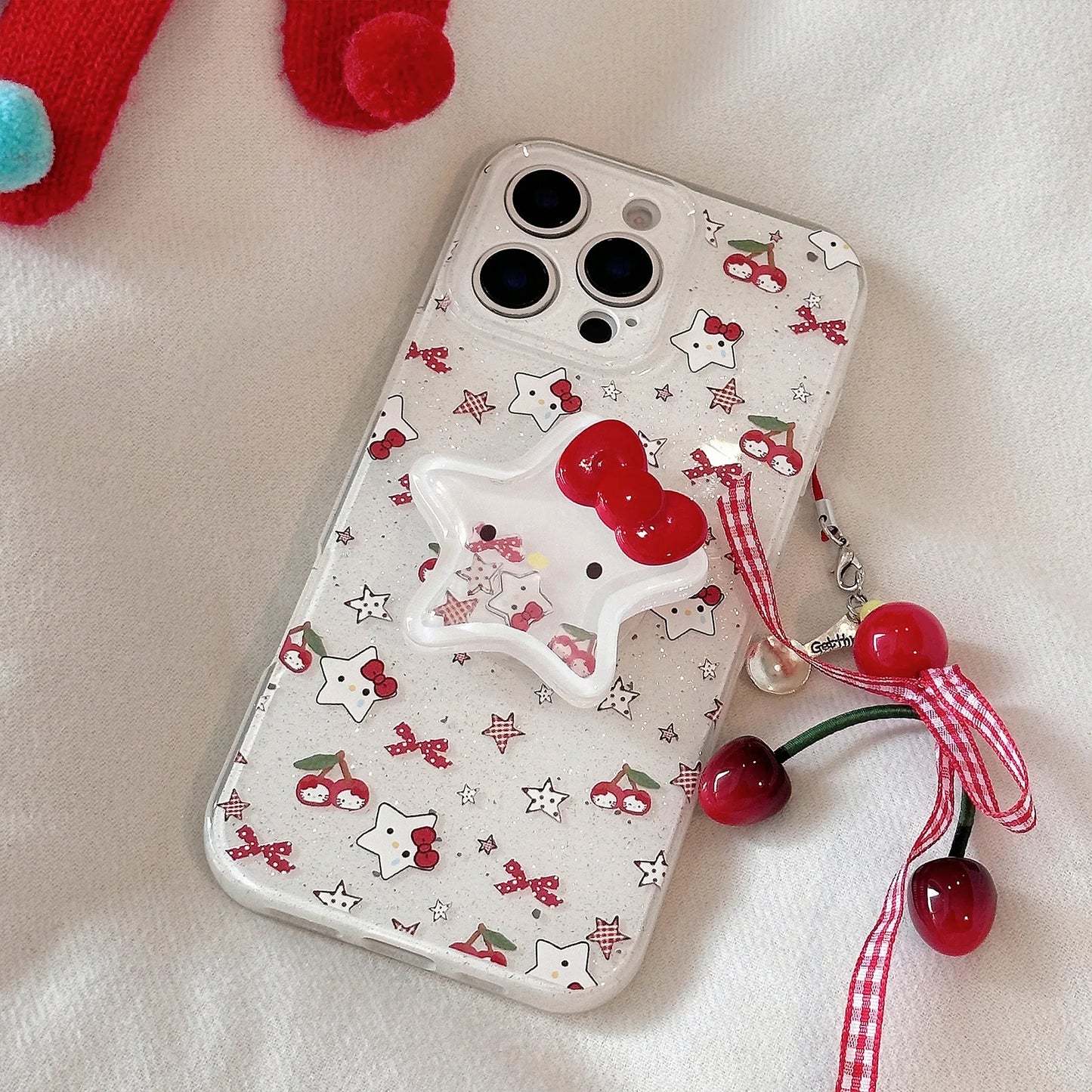 Korean Glitter Cute Cartoon Hello Kitty Quicksand Grip Tok Holder Phone Case For iPhone
