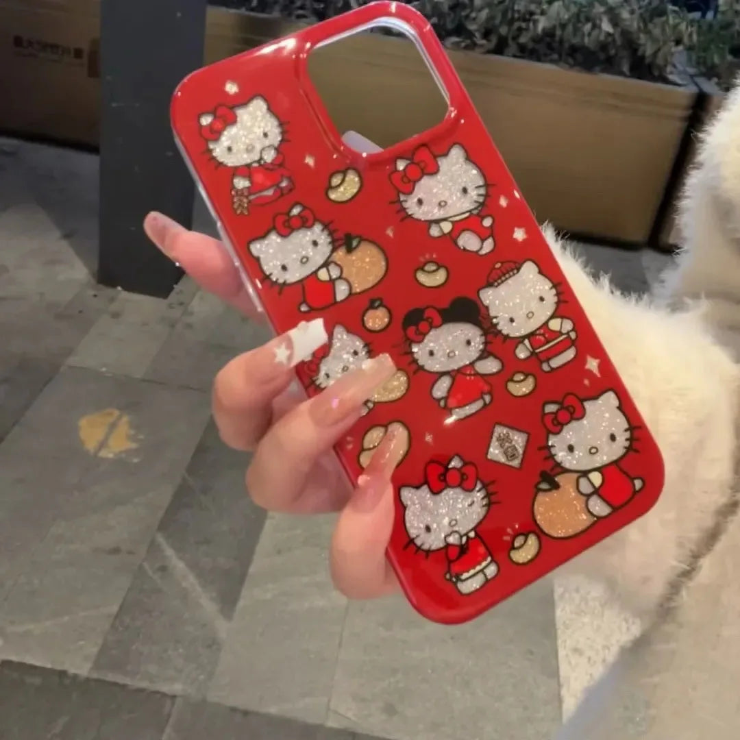 New Year's Ingots Red Hello Kitty Diamond Bow Phone Case For iPhone