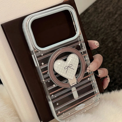 Korean Striped Stars Fold Love Heart Bow Bracket Magnetic Phone Case For iPhone