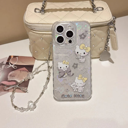 Clear Glitter Laser Star Heart HelloKitty Phone Case With Crystal Bead Wrist Lanyard Shockproof Cover For iPhone