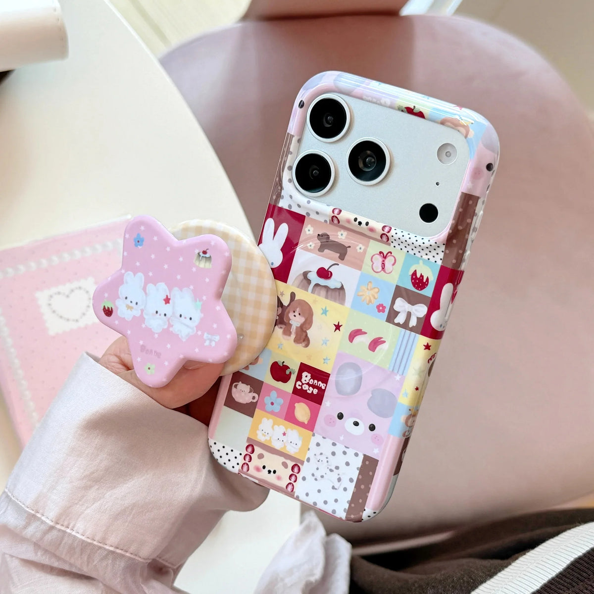 Korean Colorful Splicing Cartoon Bunny Stars Magnetic Bracket Phone Case For iPhone