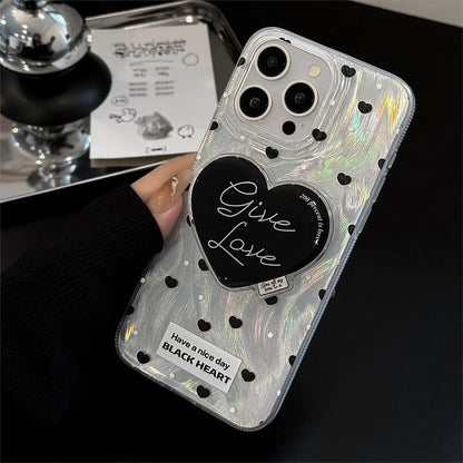 Black Red Heart Grip Tok Stand Holder Dazzling Laser Phone Case
