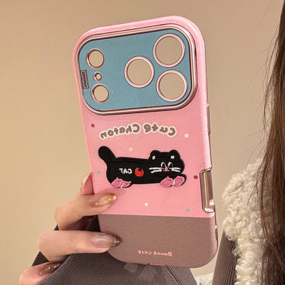 Korean Cartoon Embroidery Kitten Leather Texture Fold Mirror Phone Case For iPhone