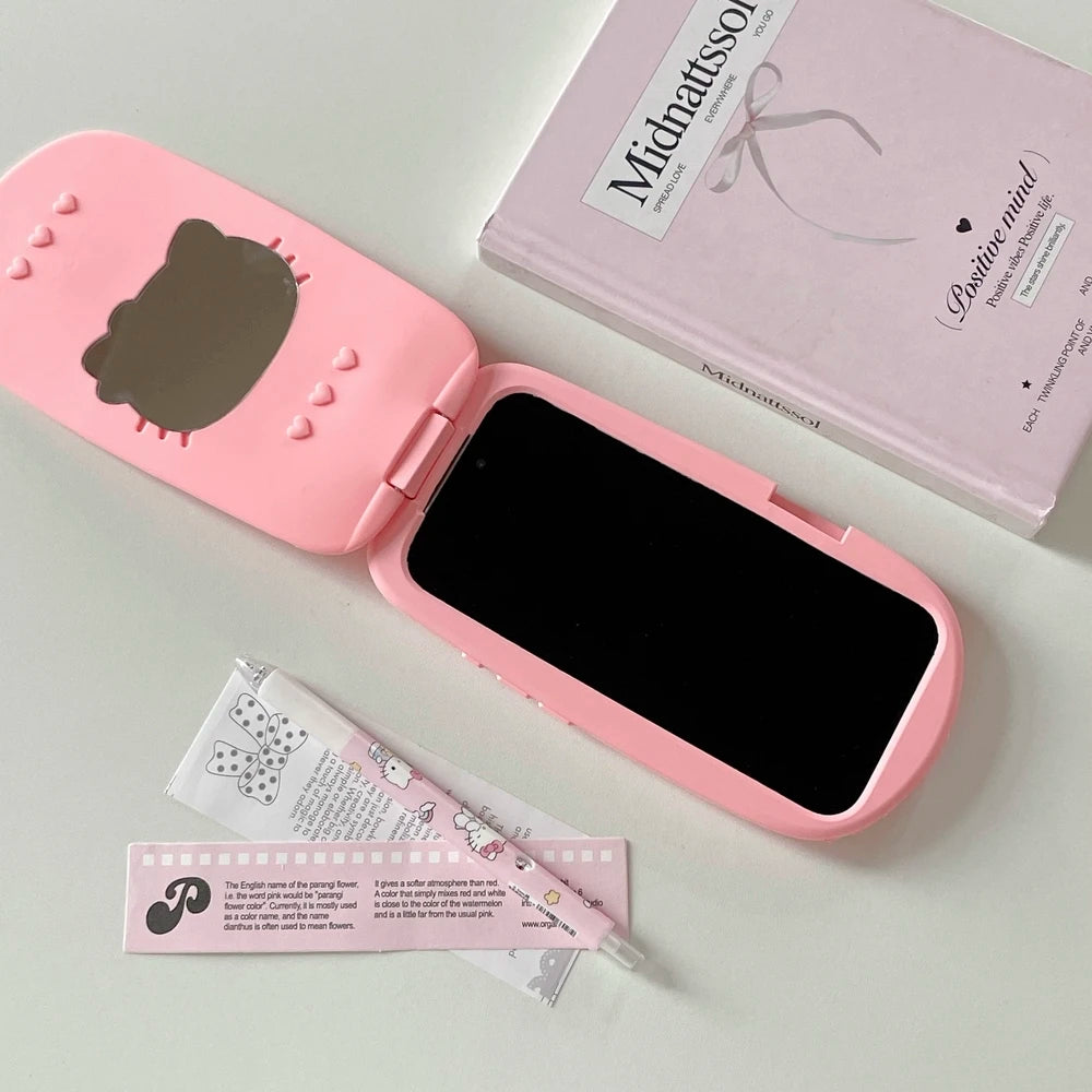 3D Cute Sanrio Hello Kitty Hide Makeup Mirror Flip Cover Phone Case For iPhone