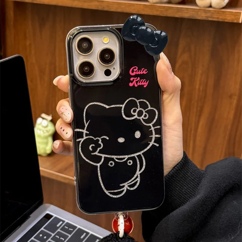 Black Wink Hello Kitty Bow Strap Stand Phone Case For iPhone