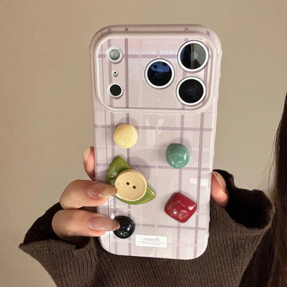 Korean Grid Pattern 3D Geometry Gemstone Button Decoration Phone Case For iPhone