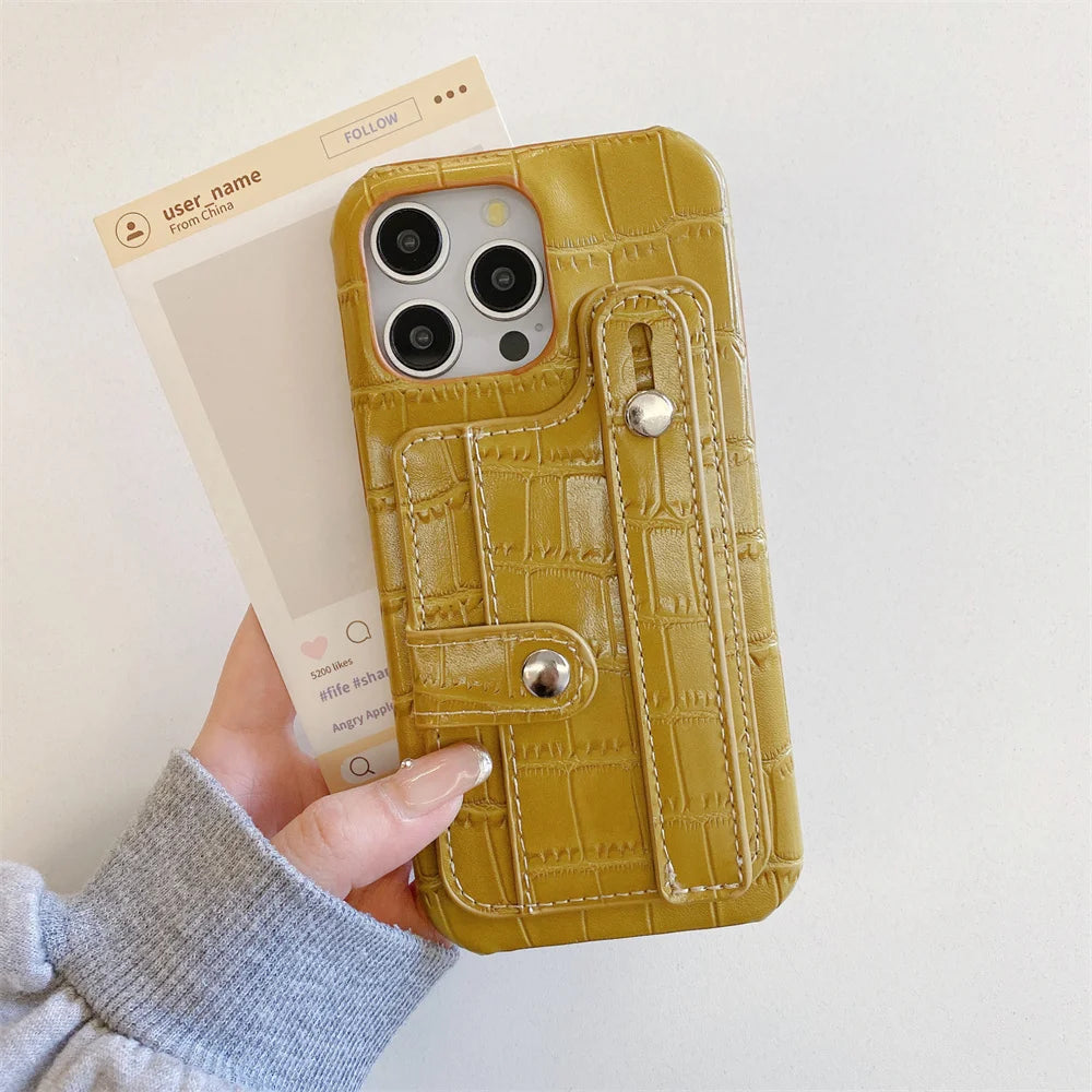 Slot Card Bag Wrist Strap Holder Leather Wallet Phone Case For iPhone